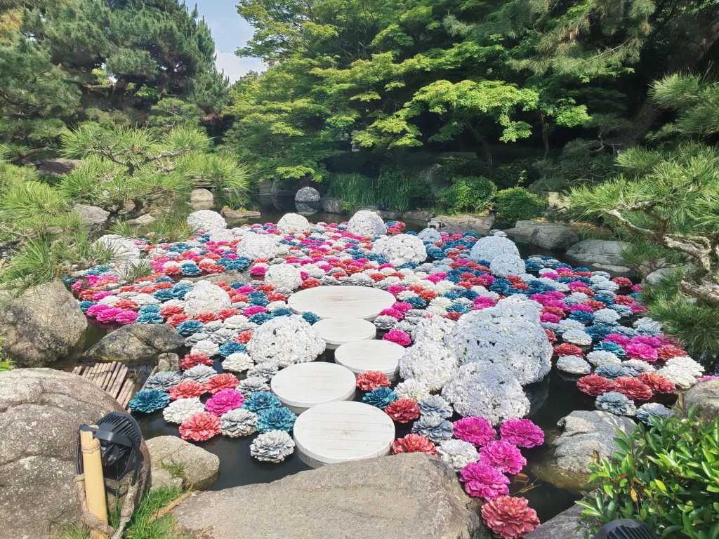 Photo prise dans le petit parc payant du grand parc Ohori représentant des plateformes sur l’eau avec pleins de fleurs flottants autour