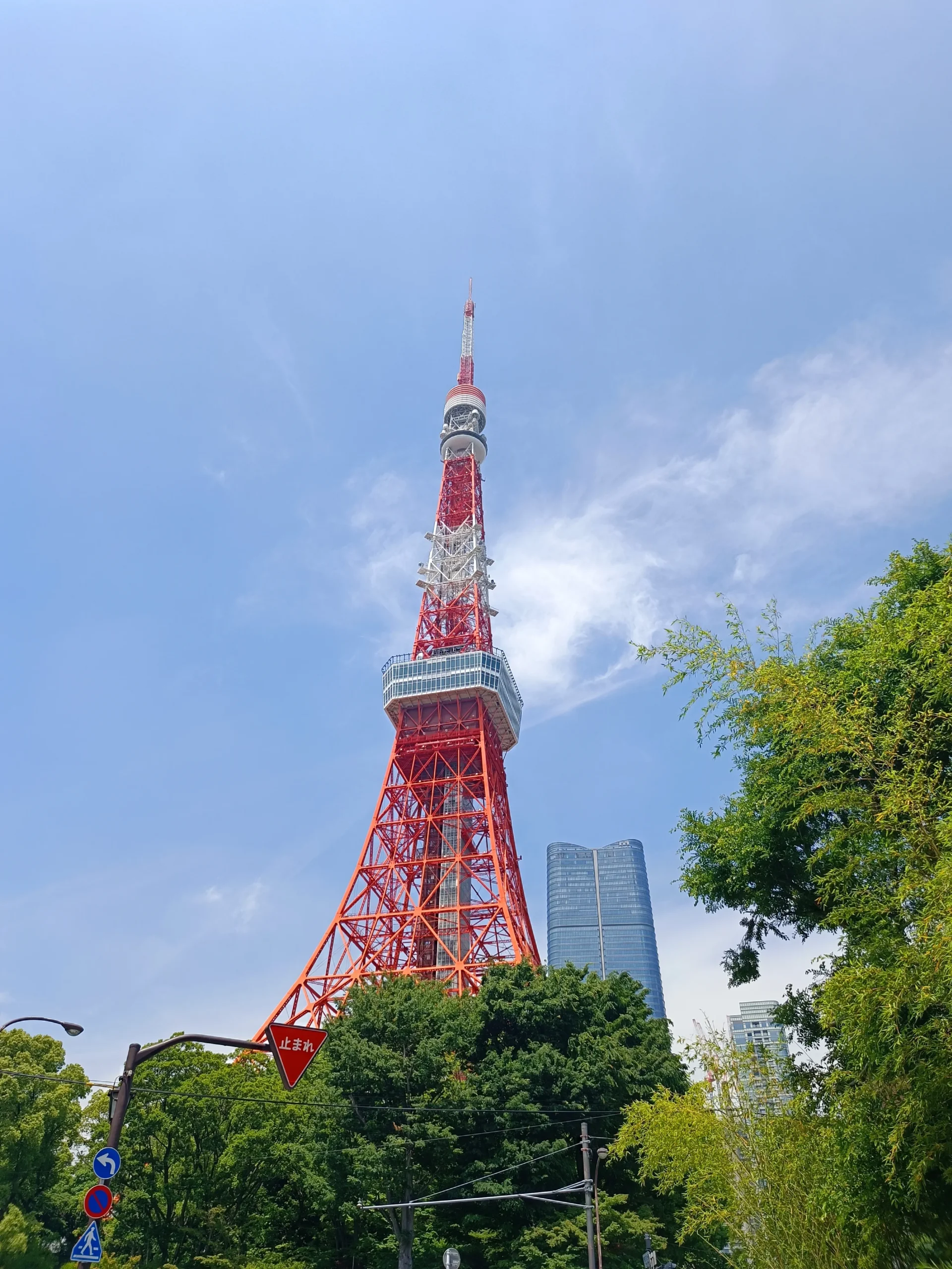 Vue sur la Tokyo Tower sous un ciel bleu avec des arbres en dessous